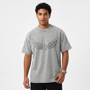 T-shirt Homme Oversize avec Logo R Ailes Gaufrées Manches Courtes Col Rond Décontracté Jersey 100% Coton Gris - Product Image 4