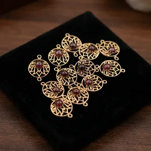Wholesale Garnet Brass <b>Charms</b>, Round Filigree Gemstone Connectors <b>for</b> Necklace <b>Bracelet</b> Making - Product Image 4