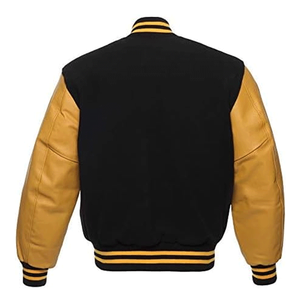 Vestes de baseball pour hommes en laine et cuir noir avec doublure orange, style bomber, vente en gros - Product Image 4