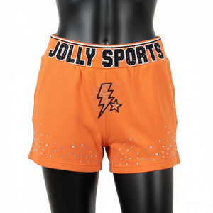 Shorts deportivos premium para mujer, 220 GSM, poliéster y spandex, tejido transpirable, color naranja, con logo personalizado por transferencia térmica. - Product Image 1