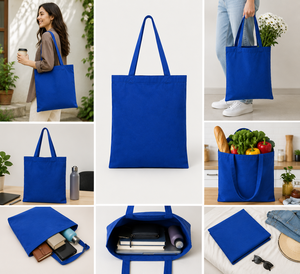 Solid Blue Canvas Tote <b>Bag</b> Minimalist Style All Seasons Shopping <b>Bag</b> - Product Image 3