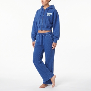 Conjunto de sudadera corta de algodón con forro polar y pantalones jogger de pierna ancha para mujer, sudadera de manga larga con hombros caídos y lavado ácido, ropa casual de dos piezas - Product Image 5