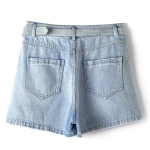 Shorts de mezclilla para mujer, shorts casuales de verano, shorts de mezclilla con diseño de cinturón, shorts de mezclilla de cintura alta - Product Image 3