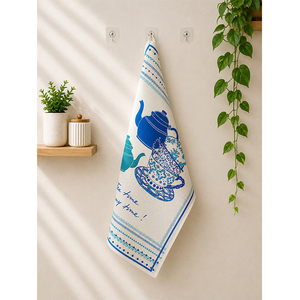 Blue & White Teapot Printed Kitchen Tea <b>Towel</b> | Vintage Tea Time Design Dish <b>Towel</b> | Decorative Linen Kitchen <b>Hand</b> <b>Towel</b> - Product Image 1