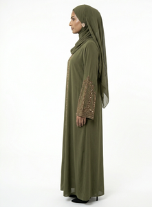 High Quality Green Embroidered Abaya Long Sleeve Maxi Dress High Neck Loose Fit Floral Pattern Modest Wear for Women Daily Use - Product Image 4