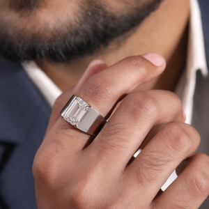 Anillo de Diamante de Laboratorio con Corte Esmeralda para Hombre, Banda Ancha de Oro Blanco, para Compromiso, Aniversario, Propuesta, Joyería Romántica - Product Image 3