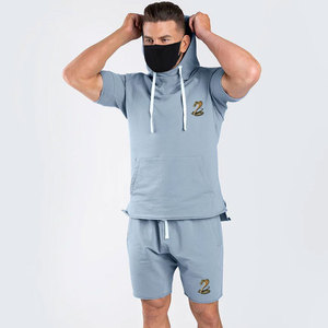 Conjunto de Sudadera con Capucha y Pantalones Cortos para Hombre, Color Azul Sólido, Estampado de Serpiente Bordada, Manga Corta, Casual, Transpirable, Invierno, Corte Regular, Estilo Urbano - Product Image 1