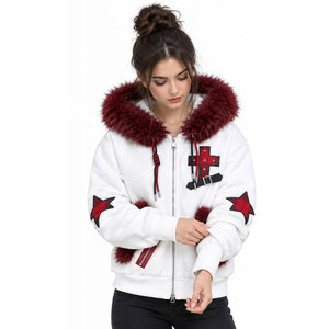 White <b>Women's</b> Hooded Fleece <b>Jacket</b> With Red Fur Trim Star Embroidery Winter Casual <b>Zip</b>-<b>Up</b> Hoodie - Product Image 5