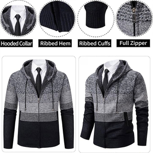Men's Hooded Zipper Cardigan Striped Wool Acrylic Knit <b>Sweater</b> Full Sleeve Winter Wear - Product Image 4