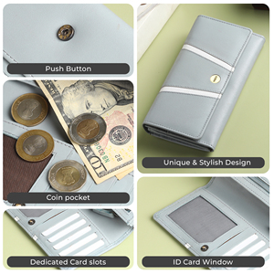 WRIZA Genuine Leather Fashion Women Wallet <b>RFID</b> Protection Button Straps Light Grey Clutch <b>Purse</b> Card Slots Coin Pocket Daily - Product Image 5
