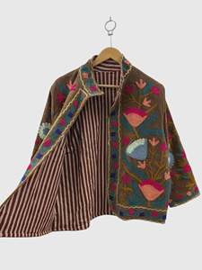 Hand Embroidered Floral Velvet Jacket Full Sleeve Plus Size Women'<b>s</b> Autumn Style Prairie Chic Shawl Collar Open Front Coat - Product Image 4