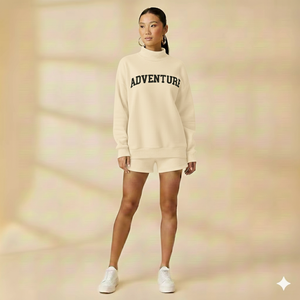 100% Cotton Material Street And Casual Wear Women Mockneck And Shorts <b>Set</b> Soft Knitted Customized Logo Printing - Product Image 1
