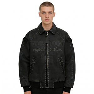 Blouson de motard en cuir de vachette OEM avec appliques, clous de luxe personnalisés, broderies et patchs en strass, blouson bomber pour homme - Product Image 1