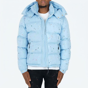 Custom Men's Premium <b>Light</b> Blue Hooded <b>Puffer</b> <b>Jacket</b> Paint Splatter Print Warm Quilted Winter Coat Thick Insulated Outdoor Parka - Product Image 3
