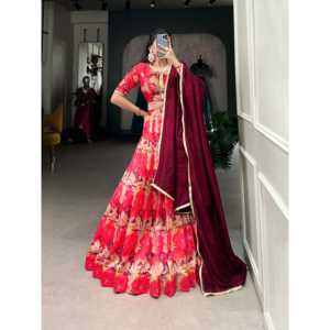Atractivo Red Tussar Silk Lehenga Choli con Dupatta Impreso a mano Ropa tradicional china - Product Image 5