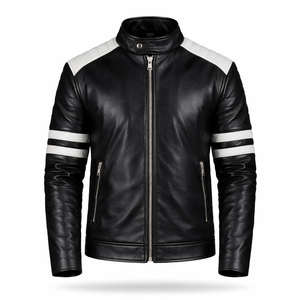 Chaqueta de Motociclista con Diseño de Rayas Blancas, Chaqueta de Cuero para Motociclista, Chaqueta de Cuero Ajustada con Rayas Blancas - Product Image 1