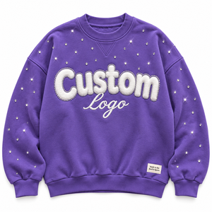 <span class=keywords><strong>Felpa</strong></span> <span class=keywords><strong>Oversize</strong></span> Unisex <span class=keywords><strong>Viola</strong></span> con Applicazioni di Strass e Lettere Ricamate, Girocollo, Maniche Lunghe, Etichetta Personalizzata - Product Image 1