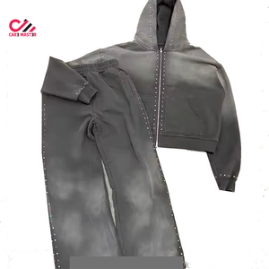 CARE MASTER Survêtement à capuche effet délavé, fermeture éclair intégrale, strass, streetwear, coupe ample, pour l'automne, couleur unie, taille adulte - Product Image 1