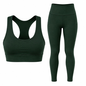 Ensemble de soutien-gorge de sport dos nageur vert foncé et leggings taille haute avec poches pour femme – Tenue de yoga et fitness - Product Image 2