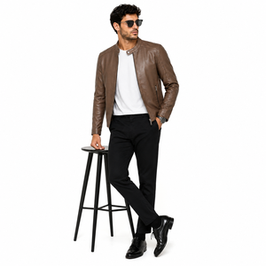 Veste en cuir pour homme, col montant, design classique, coutures robustes, doublure intérieure chaude, réversible, coupe confortable pour les voyages et les activités de plein air - Product Image 5