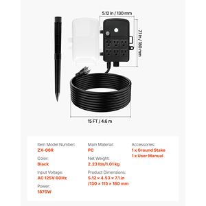 Cavo di prolunga per esterni da 25 piedi con 6 prese 15A, copertura resistente alle intemperie, protezione da sovraccarico, coperture per illuminazione da 25 piedi - Product Image 4