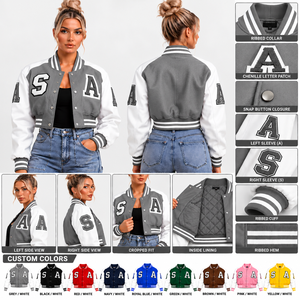 <b>Women</b>’s Custom Cropped Varsity <b>Jacket</b> Purple & White Chenille Letterman <b>Jacket</b> with <b>Embroidered</b> Patches <b>Women's</b> <b>Jackets</b> - Product Image 4