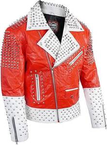 Unisex <b>Red</b> White Leather Punk <b>Jacket</b> - Product Image 2