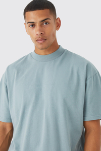 <b>Men's</b> Oversized Solid Color Short Sleeve T-Shirt O-Neck Casual Fit Light Blue Cotton Jersey Knitted Vintage Anti-Wrinkle 230g - Product Image 2