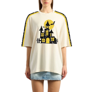 T-shirt Oversize Blanc de Haute Qualité pour Femme, Style Halloween, avec Broderie Personnalisée, Col Rond Décontracté, Patchwork – Vente en Gros - Product Image 2