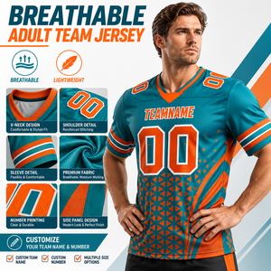 Maillot de football respirant pour homme, col rond, manches courtes, personnalisable avec nom et numéro d'équipe, vêtement de sport en mesh pour adulte, logo imprimé sur le devant - Product Image 1