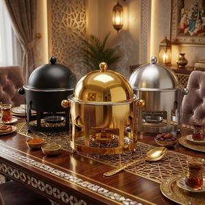 Luxury Arabic Round Chafing Dish Hanging <b>Soup</b> Pot Tall Rod Metal Frame Wooden Base Ramadan Buffet Server Single Unit - Product Image 1