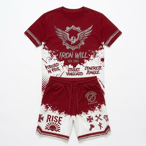 Ensemble deux pièces personnalisé avec logo, grande taille, épaules tombantes, t-shirt et short d'été décontractés et sportifs en coton 100% écologique de haute qualité - Product Image 4