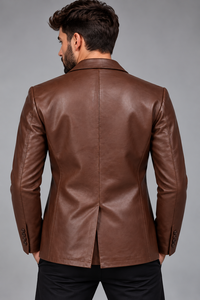 <b>Men's</b> Luxury Chocolate Brown <b>Leather</b> <b>Blazer</b> Double Breasted Wide Notch Lapel Business Casual Suit Jacket OEM Wholesale Supplier - Product Image 4