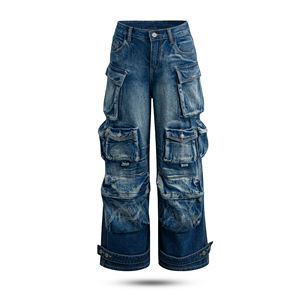 CLOVIX SPORTS Pantalones Cargo de Mezclilla para Hombre, Multibolsillos, Azul Lavado, Estilo Urbano Holgado, Logotipo Personalizado, Venta al por Mayor - Product Image 1