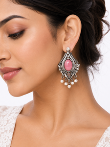 Boucles d'oreilles pendantes ethniques bohèmes classiques en argent antique oxydé avec zircon rose taille ovale, vente en gros, fournisseur en vrac, cadeau pour femme - Product Image 2