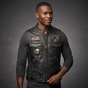 Gilet de motard en cuir véritable écologique pour homme, avec patch tête de mort brodé, design au dos, style moto, garniture en fourrure, vêtement d'extérieur d'automne - Product Image 2
