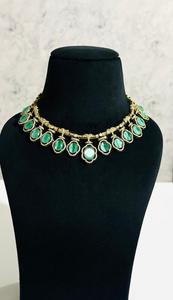 Green Oval Stone Choker Necklace Set Gold Plated Statement Fashion Jewelry with Matching Earrings for Women Party Wedding - Product Image 5