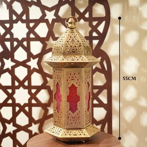 Wholesale Ramadan Home Decorations <b>Gold</b> Metal Moroccan Candle Holder <b>Lantern</b> with Color Glass for Tabletop - Product Image 6