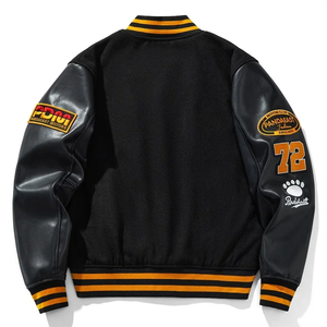 <b>Black</b> White Stripe Varsity Jacket PU Wool Letterman Jacket Panda 72 Embroidery High Street Streetwear - Product Image 3