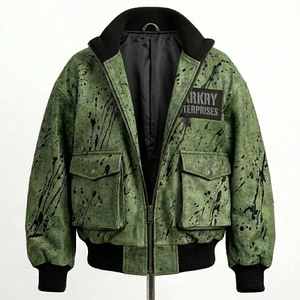 Blouson aviateur en cuir pour homme, vert effet éclaboussures de peinture, personnalisé, style usé, streetwear, vente en gros, fournisseur - Product Image 4