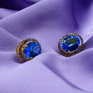 Gemvanity Blue Topaz <b>Stud</b> Earrings Bell Shape Gold Plated Diamond Halo Women's Classic Everyday Wear Hindu Third Party Certified - Product Image 5