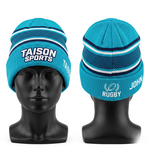 Bonnet de rugby personnalisé 320 GSM en acrylique tricoté de qualité supérieure, bleu ciel, blanc, rayures marine, revers, logo brodé 3D - Product Image 3