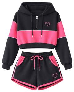 Ensemble crop top et short pour femme, noir et rose, blocs de couleur, fermeture éclair, polyester et coton, vêtements de sport décontractés, tenue deux pièces - Product Image 1