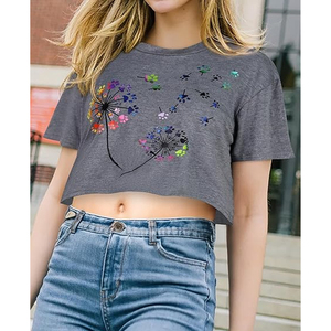 Women's Gray Crop <b>Top</b> Short Sleeve O-Neck Floral Print Casual T-Shirt Spring Summer Wear - Product Image 2
