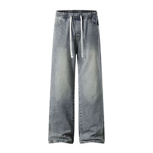 Jeans baggy droits personnalisés pour hommes, style streetwear, en denim de coton délavé foncé, effet usé, vintage et tendance - Product Image 2