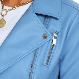 Veste moto en similicuir bleu clair pour femme avec fermeture éclair, col rabattu, manches longues, vêtement d'extérieur décontracté - Product Image 5