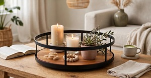 Bandeja Redonda Moderna de Madera de Acacia con Marco de Metal Negro, Plato Giratorio Decorativo Lazy Susan para Cocina y Comedor - Product Image 3