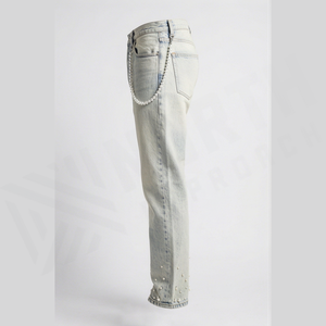 Jean droit taille haute pour homme en denim de coton délavé style streetwear perlé coupe slim décontracté printemps - Product Image 3