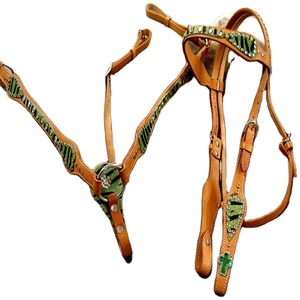 Set di stalla e colletto con testa occidentale con redini di alta qualità nuova punta di Design con stampa zebrata <span class=keywords><strong>verde</strong></span> Set di puntine per cavalli - Product Image 1