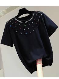 Camiseta de manga corta de alta calidad, versión coreana, transpirable, informal, con decoración de diamantes multicolor. - Product Image 4